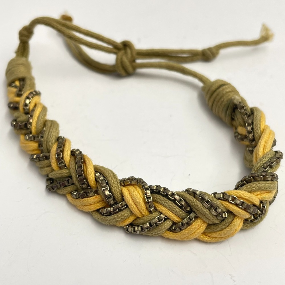 Vintage 90s Braided Cord Bracelet Metal Chain Boho Adjustable Fashion Jewelry